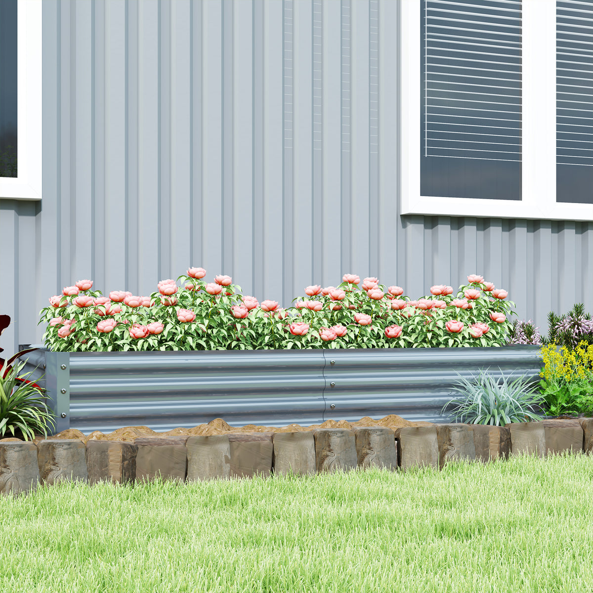 Outsunny Galvanised Steel Raised Garden Bed, 180 x 90 x 30cm – Open-Bottom Planter for Plants, Silver