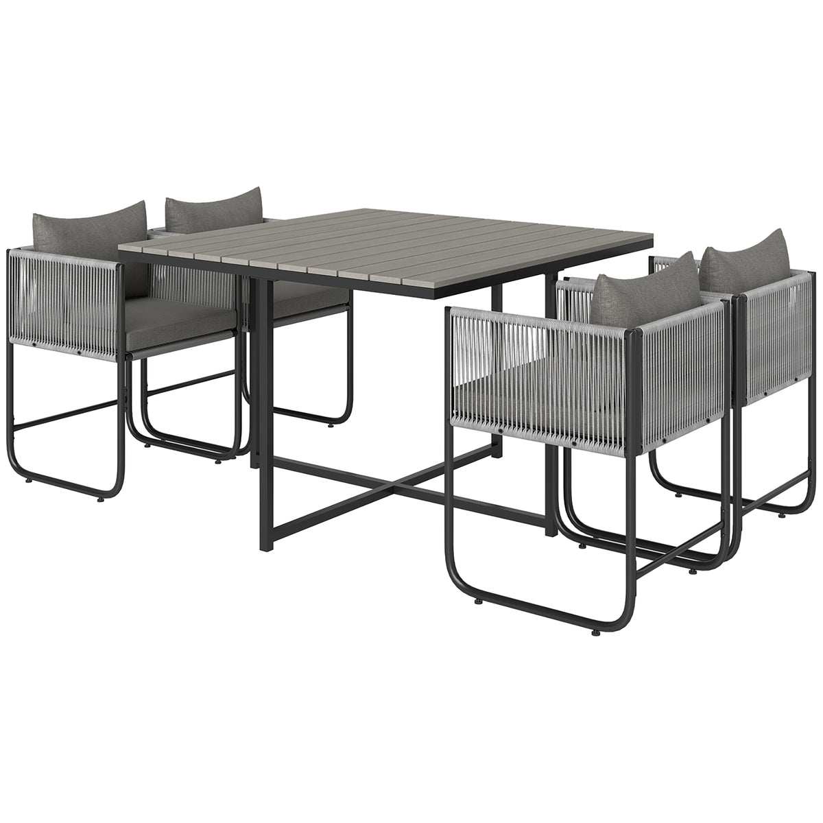 Outsunny 4-Seat Rattan Cube Dining Set with Tuck-Under Chairs & Footstools, Wood-Effect Table – Grey