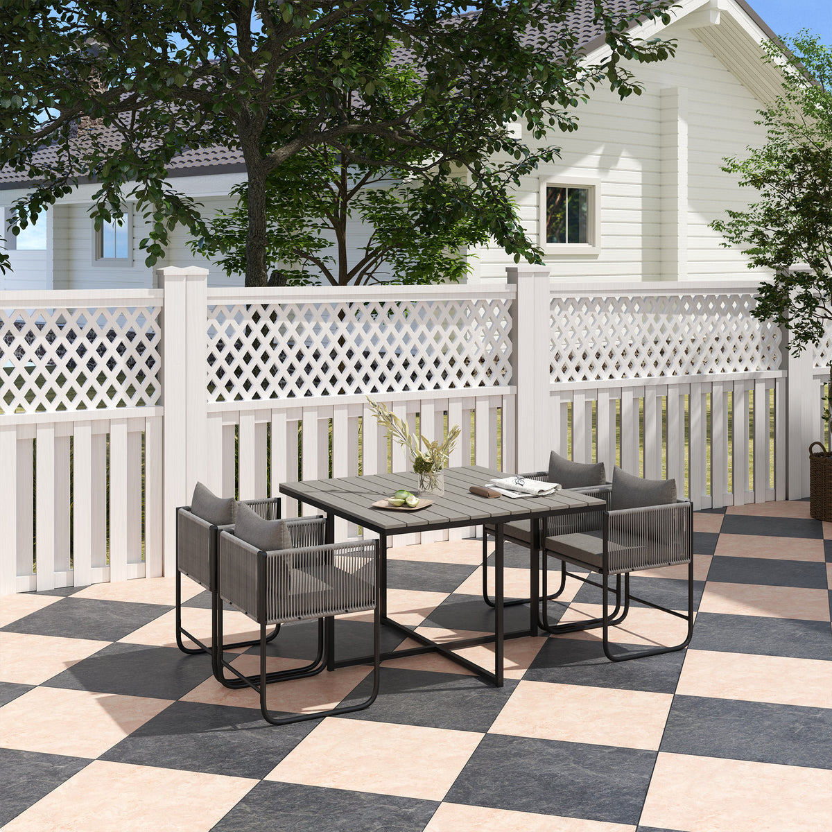 Outsunny 4-Seat Rattan Cube Dining Set with Tuck-Under Chairs & Footstools, Wood-Effect Table – Grey