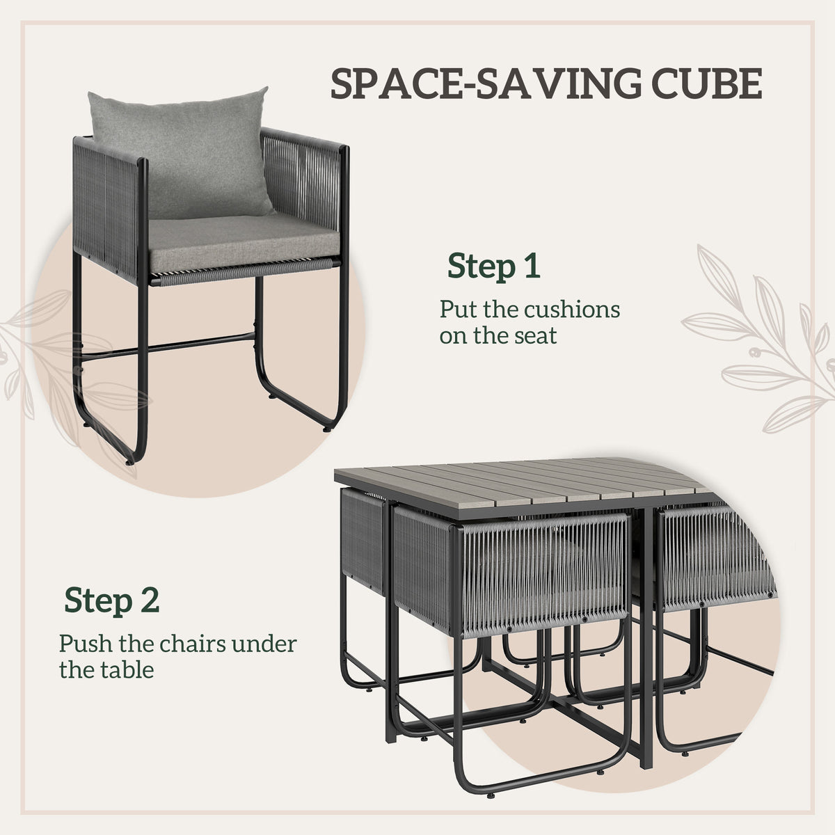 Outsunny 4-Seat Rattan Cube Dining Set with Tuck-Under Chairs & Footstools, Wood-Effect Table – Grey