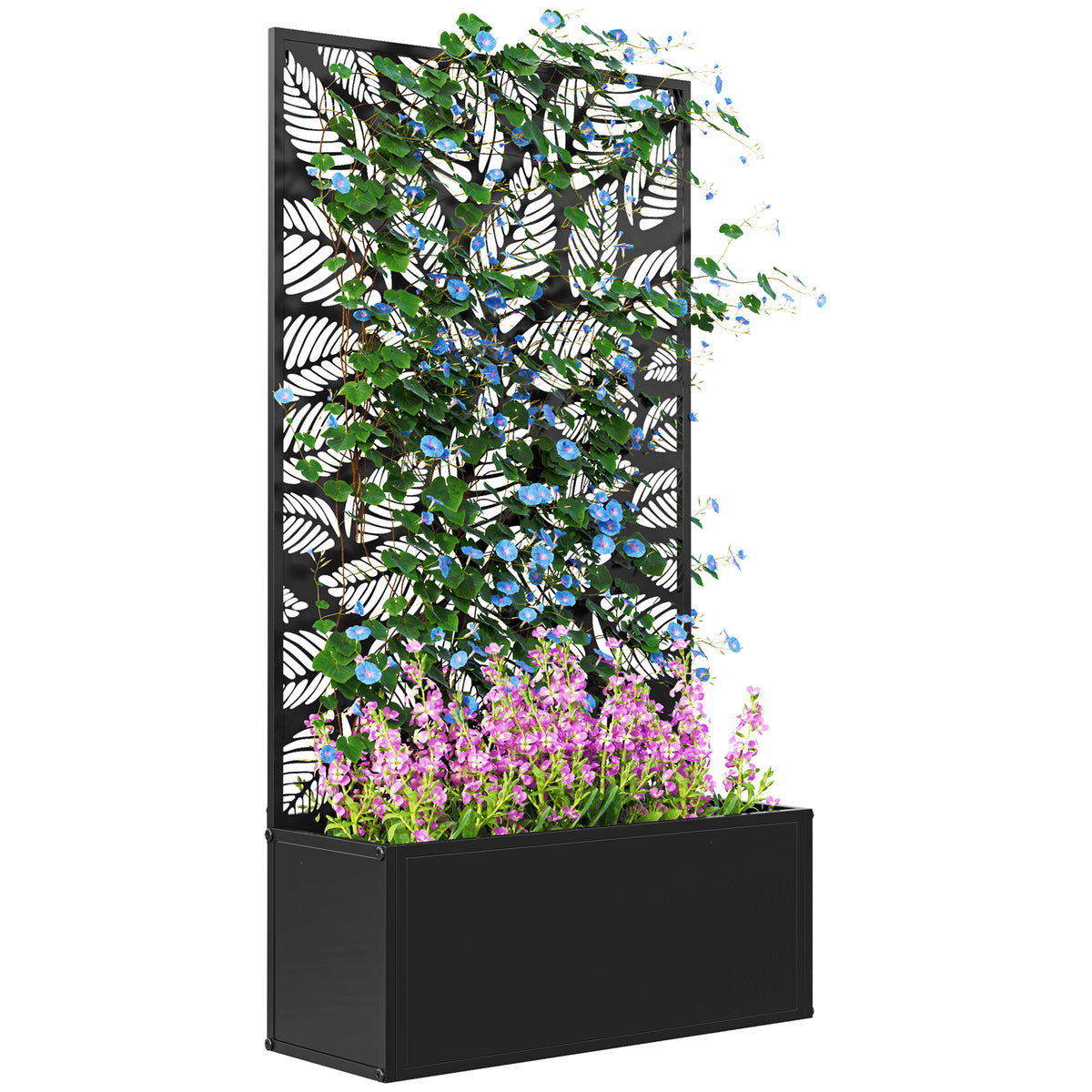 Outsunny Metal Raised Garden Bed with Leaf Trellis, 61 x 23 x 113cm – Wall-Mounted or Freestanding, Black