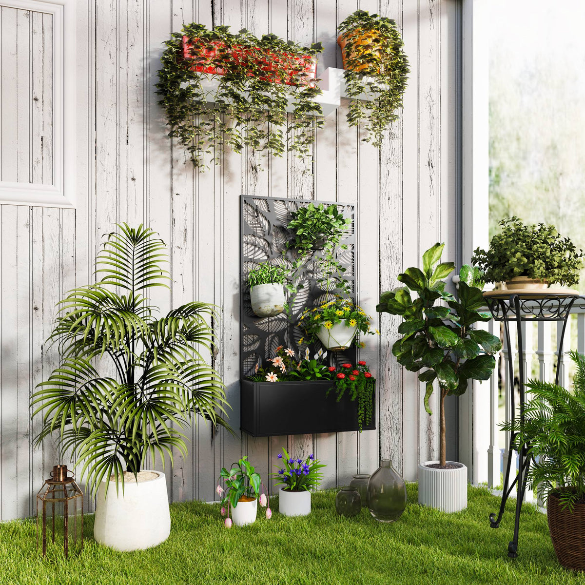 Outsunny Metal Raised Garden Bed with Leaf Trellis, 61 x 23 x 113cm – Wall-Mounted or Freestanding, Black