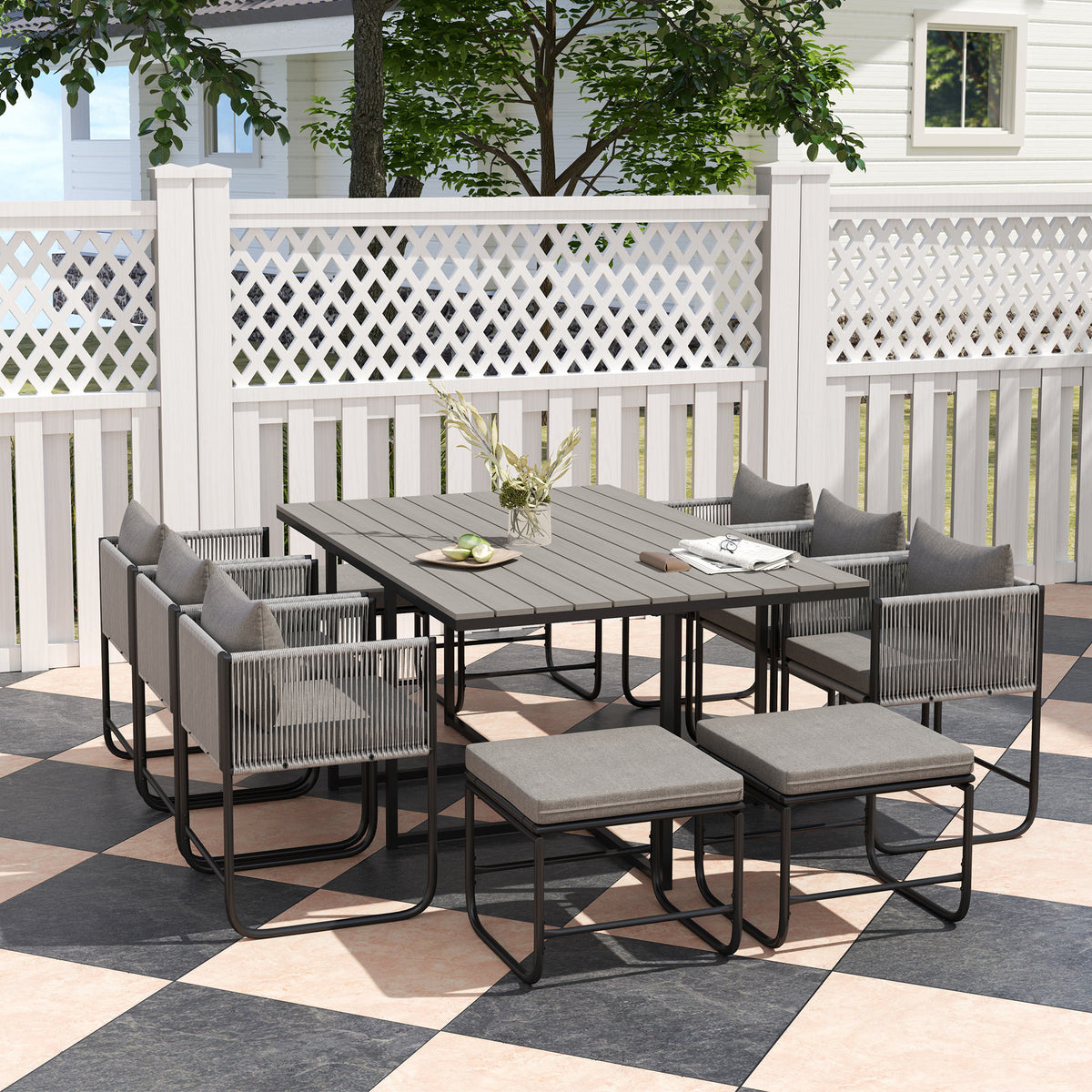Outsunny 6-Piece Rattan Dining Set with Tuck-Under Chairs & Footstools, Padded Cushions – Grey