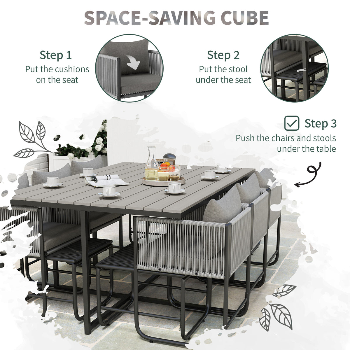 Outsunny 6-Piece Rattan Dining Set with Tuck-Under Chairs & Footstools, Padded Cushions – Grey
