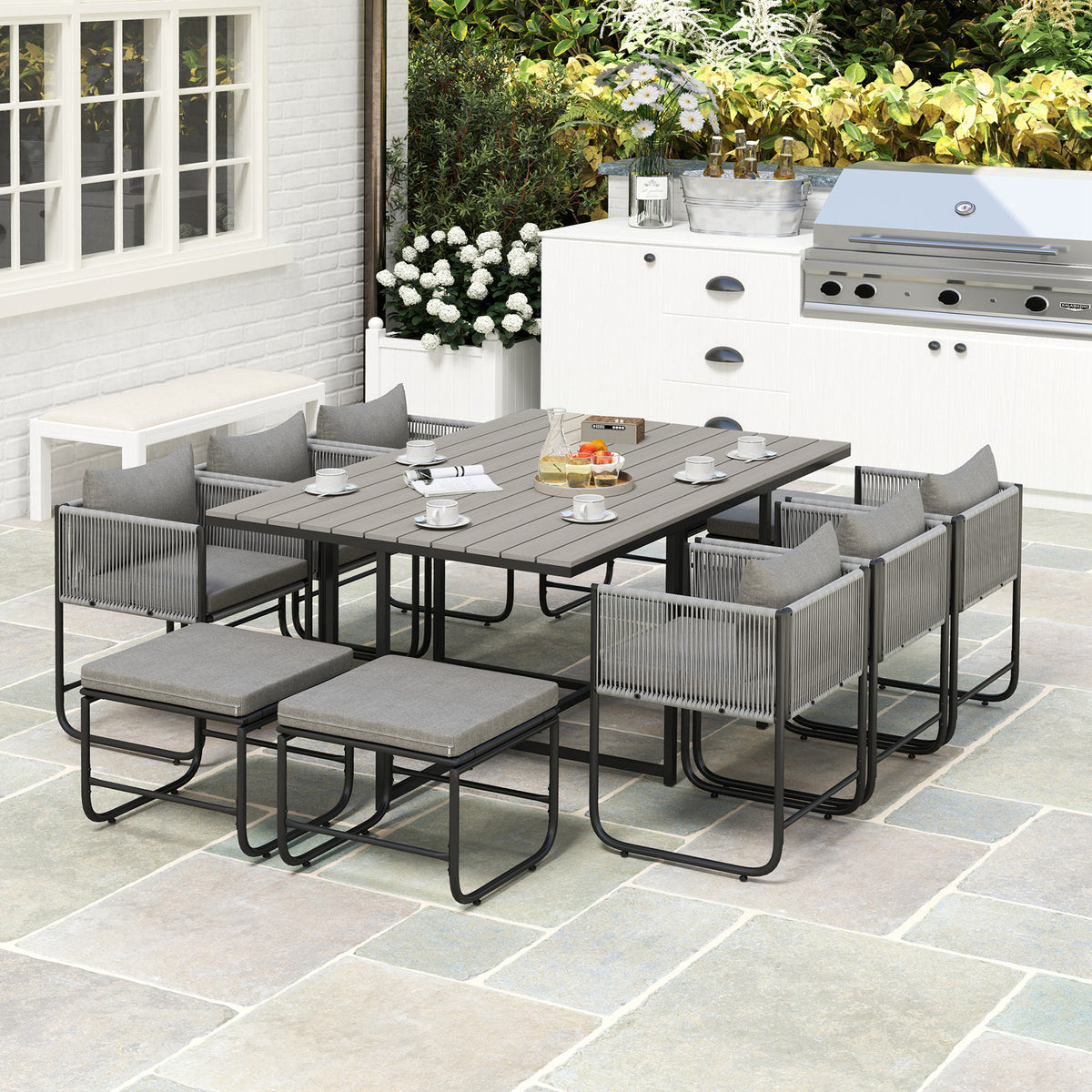 Outsunny 6-Piece Rattan Dining Set with Tuck-Under Chairs & Footstools, Padded Cushions – Grey