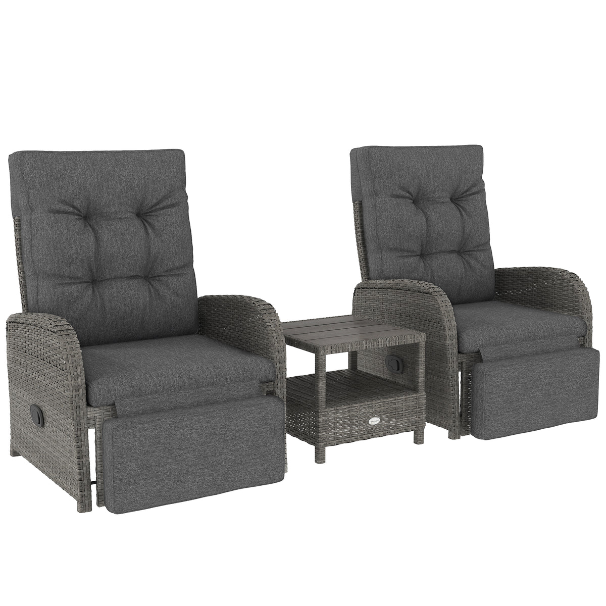 Outsunny 3-Piece Rattan Bistro Set with Reclining Armchairs & 2-Tier Table – Garden Patio Furniture, Grey