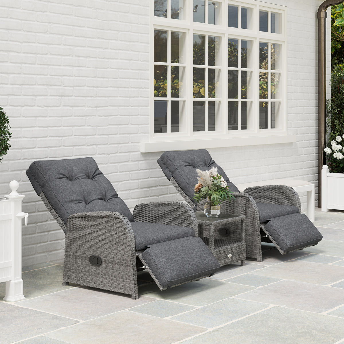 Outsunny 3-Piece Rattan Bistro Set with Reclining Armchairs & 2-Tier Table – Garden Patio Furniture, Grey