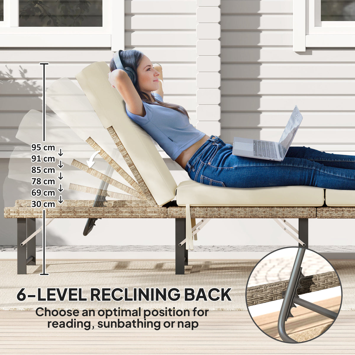 Outsunny Folding Rattan Sun Lounger with 6-Level Adjustable Back & 8cm Cushion – Garden Sun Bed, Natural