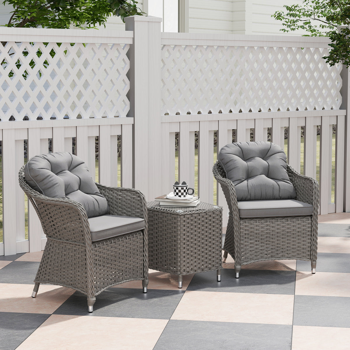 Outsunny 3-Piece Aluminium Rattan Bistro Set with Cushions & Side Table – Garden Patio Furniture, Light Grey