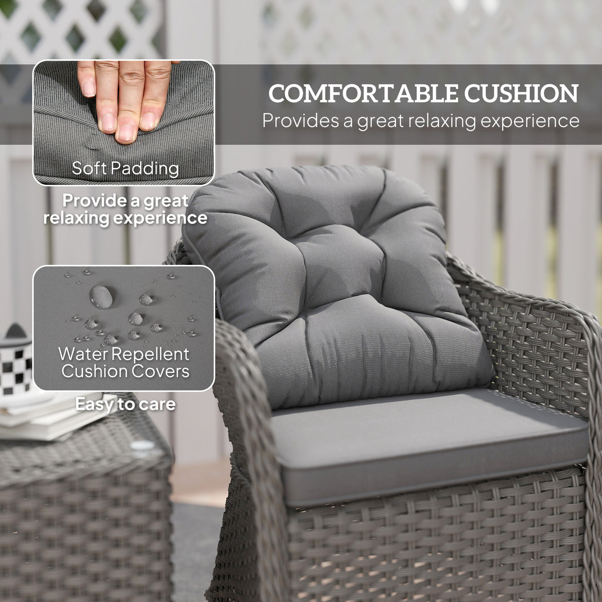 Outsunny 3-Piece Aluminium Rattan Bistro Set with Cushions & Side Table – Garden Patio Furniture, Light Grey