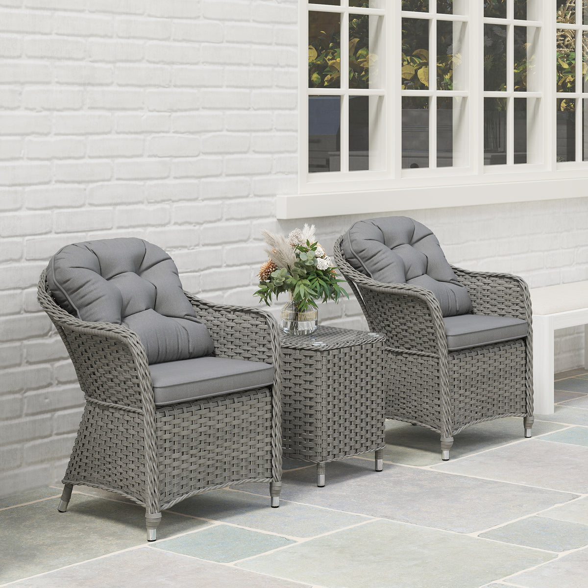 Outsunny 3-Piece Aluminium Rattan Bistro Set with Cushions & Side Table – Garden Patio Furniture, Light Grey