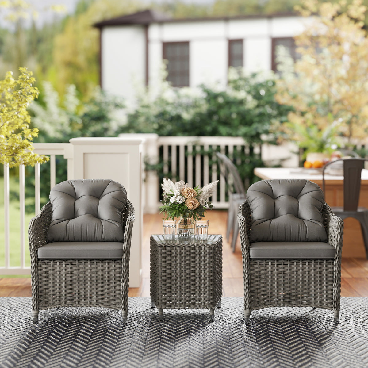 Outsunny 3-Piece Aluminium Rattan Bistro Set with Cushions & Side Table – Garden Patio Furniture, Light Grey