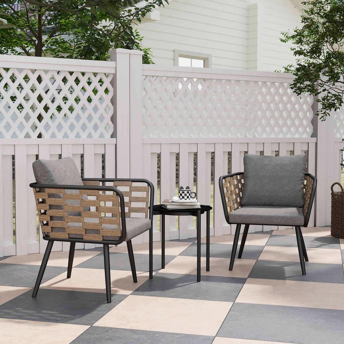 Outsunny 3-Piece Rattan Bistro Set with Cushions & Tempered Glass Table – Garden Balcony Furniture