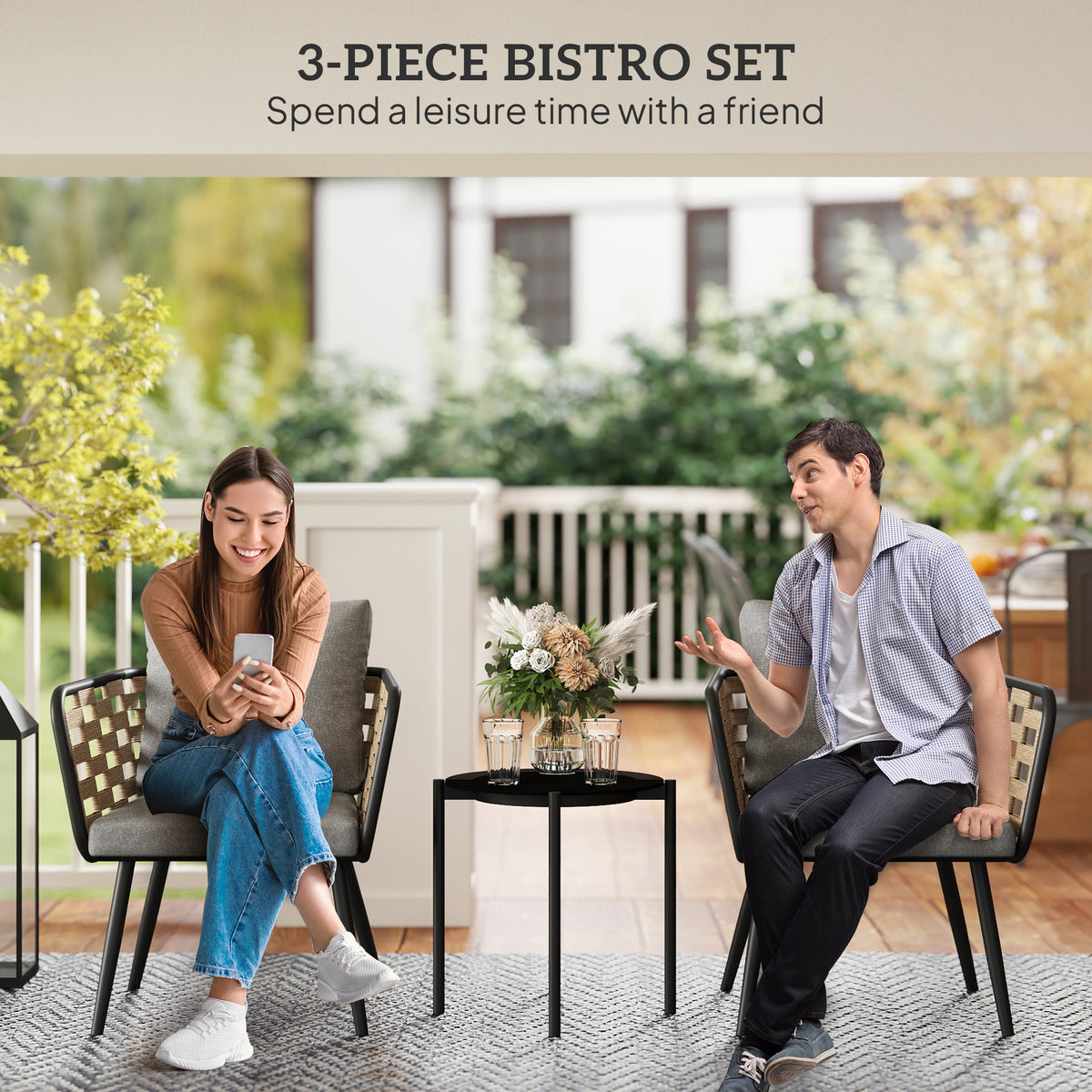 Outsunny 3-Piece Rattan Bistro Set with Cushions & Tempered Glass Table – Garden Balcony Furniture