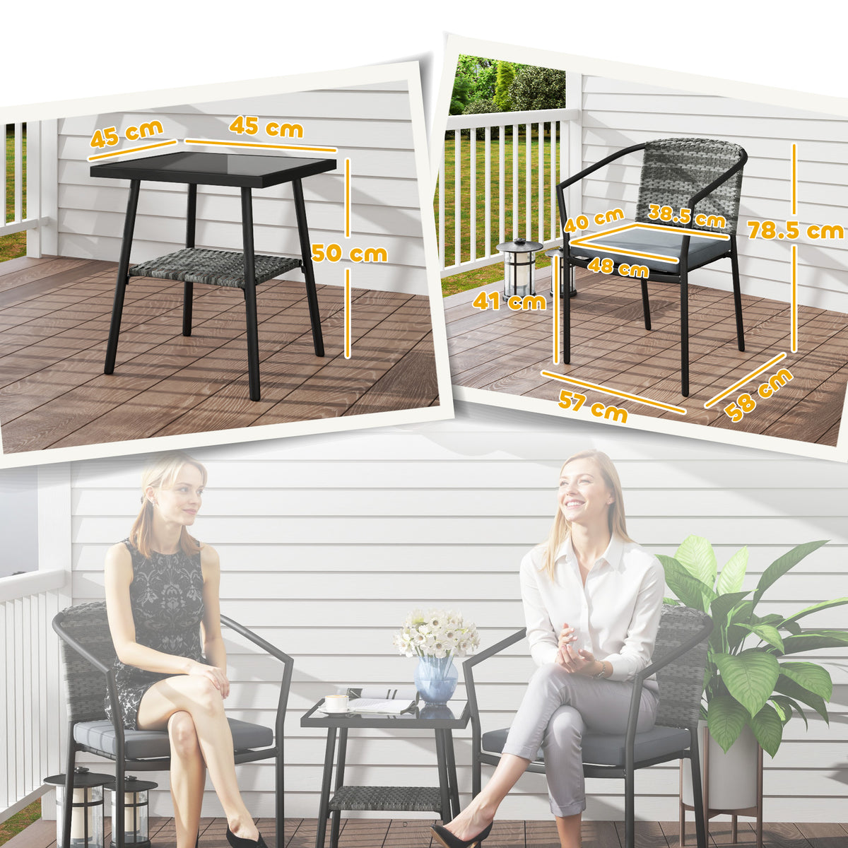 Outsunny 3-Piece Rattan Bistro Set with Glass-Top Coffee Table and 2 Cushioned Chairs – Balcony, Grey