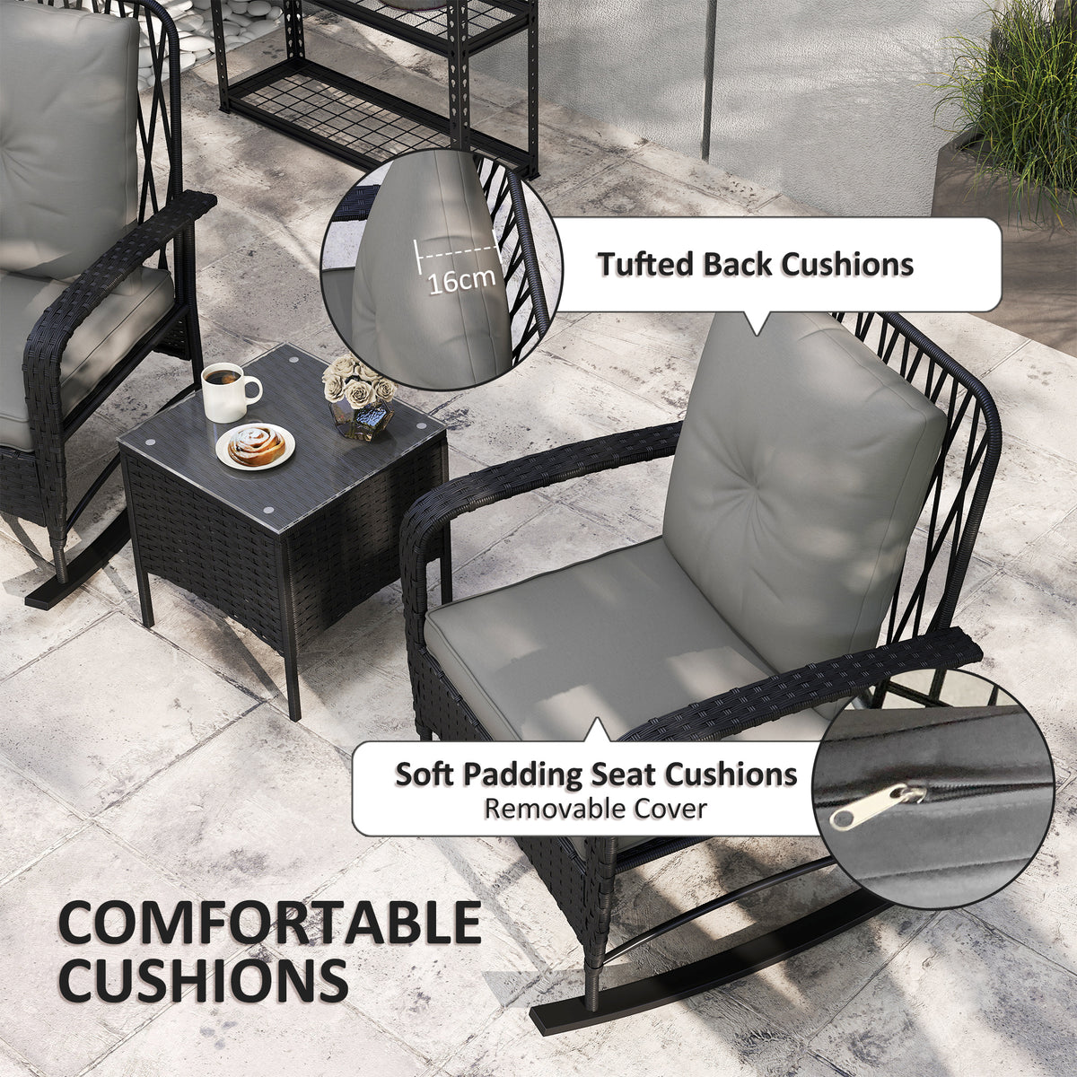 Outsunny 3-Piece Rattan Bistro Set with 2 Rocking Chairs and Tempered Glass Table – Balcony, Black/Grey
