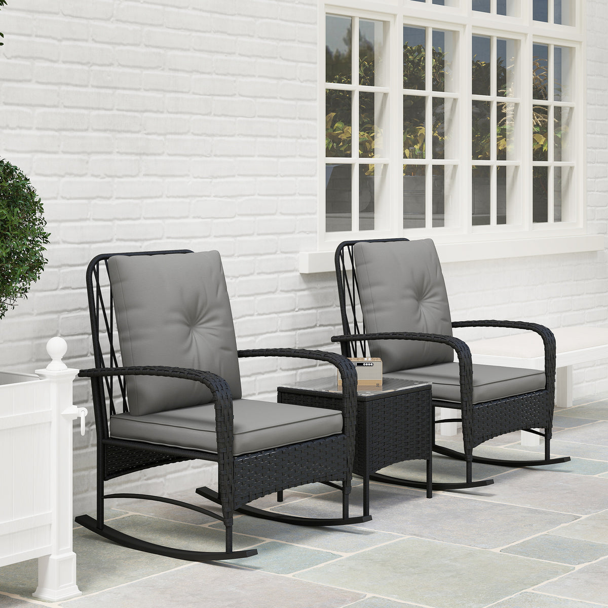 Outsunny 3-Piece Rattan Bistro Set with 2 Rocking Chairs and Tempered Glass Table – Balcony, Black/Grey