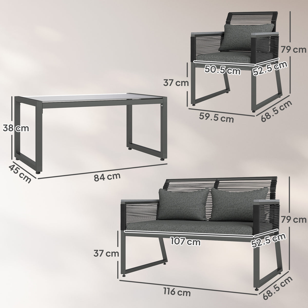Outsunny 4-Piece Rattan Garden Furniture Set with Loveseat, Chairs & Glass Coffee Table – Seats 4