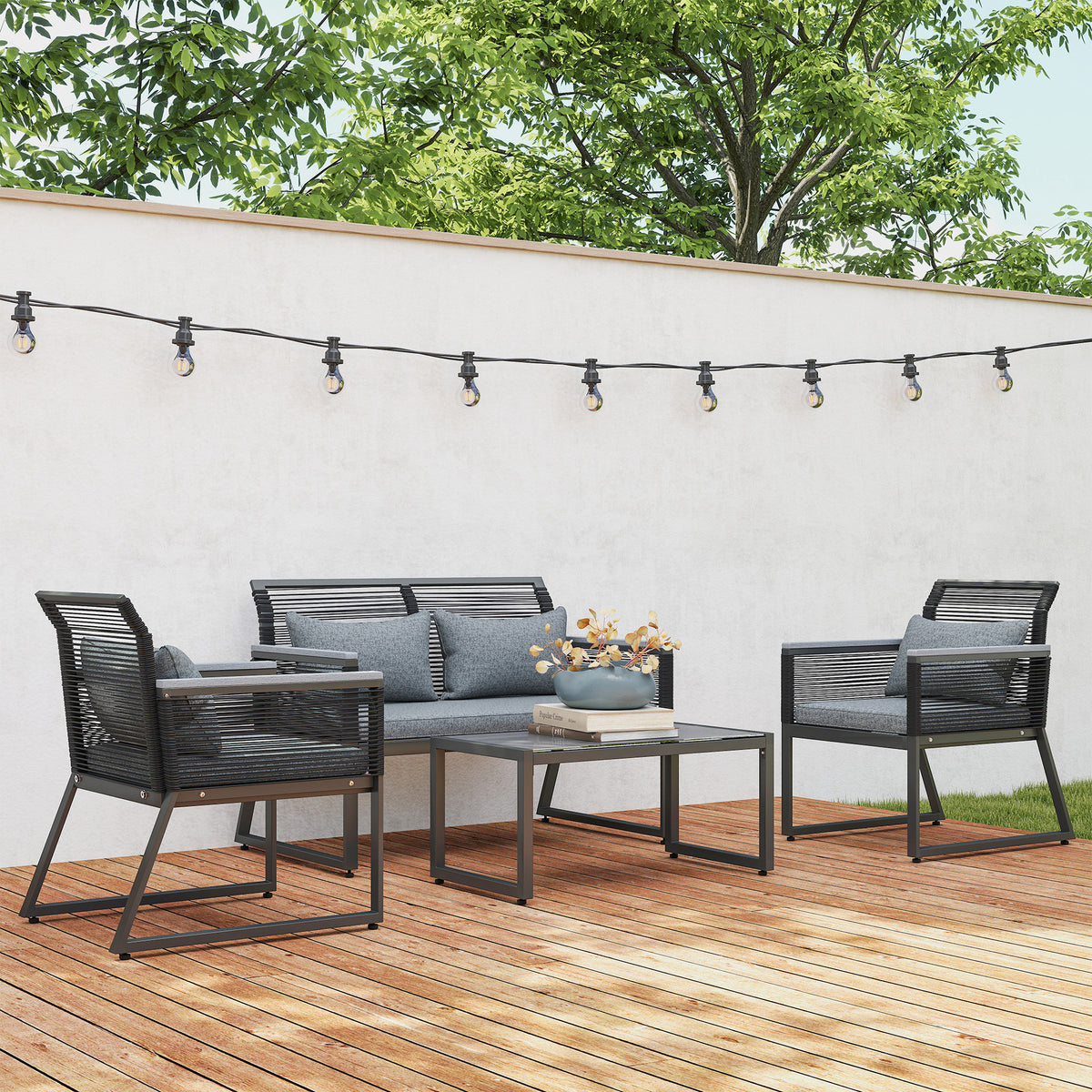 Outsunny 4-Piece Rattan Garden Furniture Set with Loveseat, Chairs & Glass Coffee Table – Seats 4