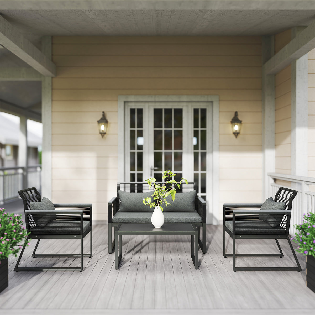 Outsunny 4-Piece Rattan Garden Furniture Set with Loveseat, Chairs & Glass Coffee Table – Seats 4
