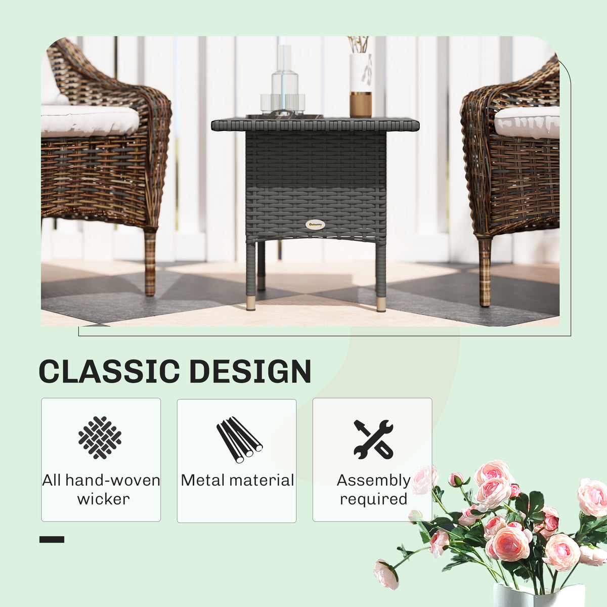 Outsunny PE Rattan Outdoor Coffee Table with Metal Frame, 50 x 50 x 47cm – Garden Side Table, Grey