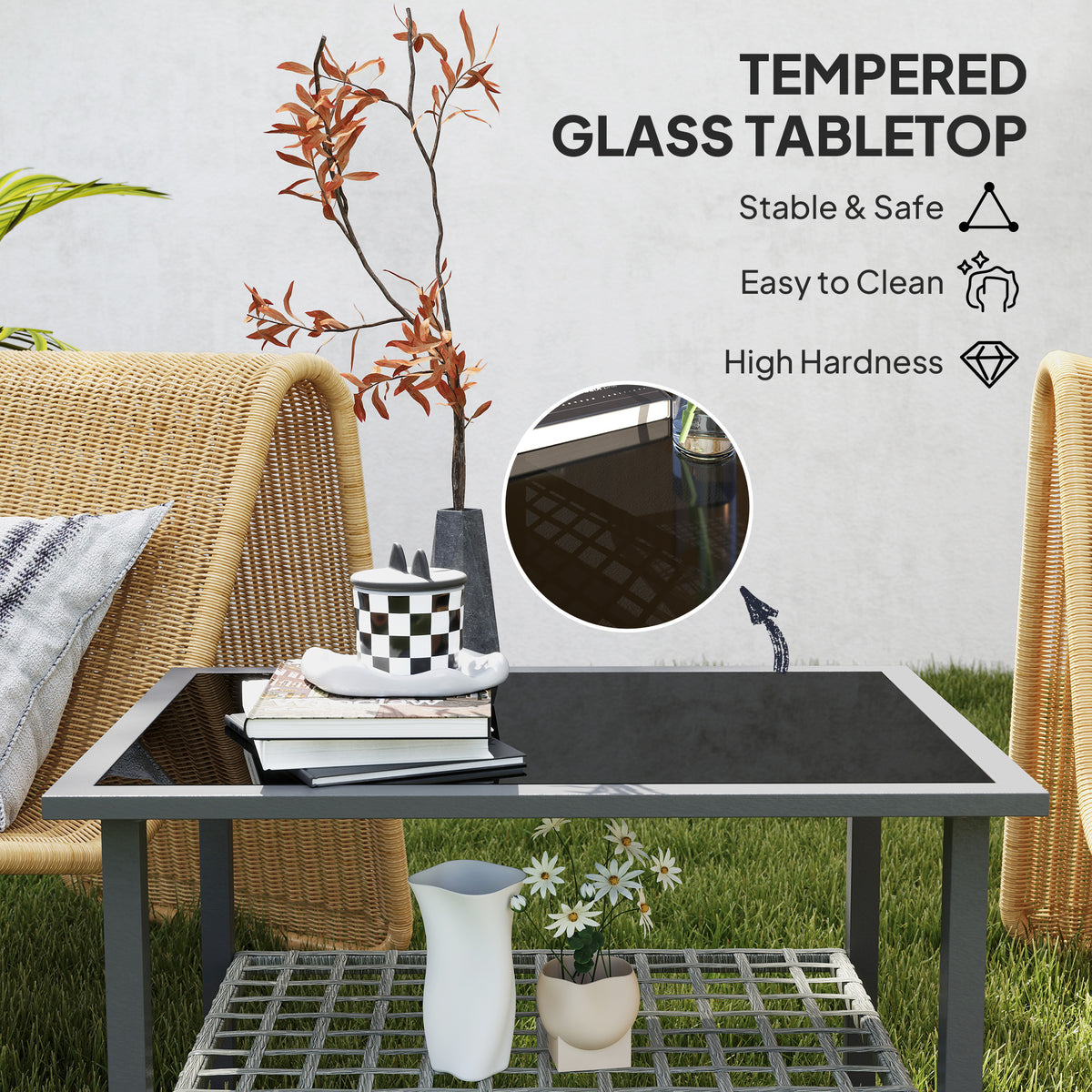 Outsunny Rattan Coffee Table with Tempered Glass Top & Storage Shelf – Indoor/Outdoor Patio Side Table, Mixed Grey