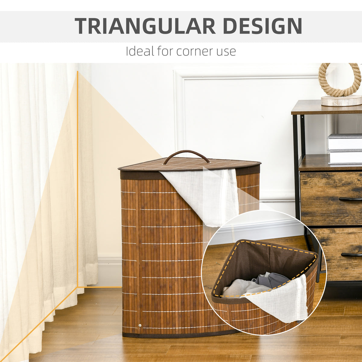 HOMCOM 55L Bamboo Corner Laundry Hamper with Lid and Removable Lining – Triangle Laundry Basket, Brown