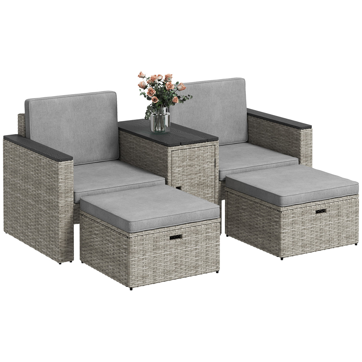 Outsunny 5-Piece Rattan Garden Set with Storage Table, Footstools & Padded Cushions – Patio, Grey