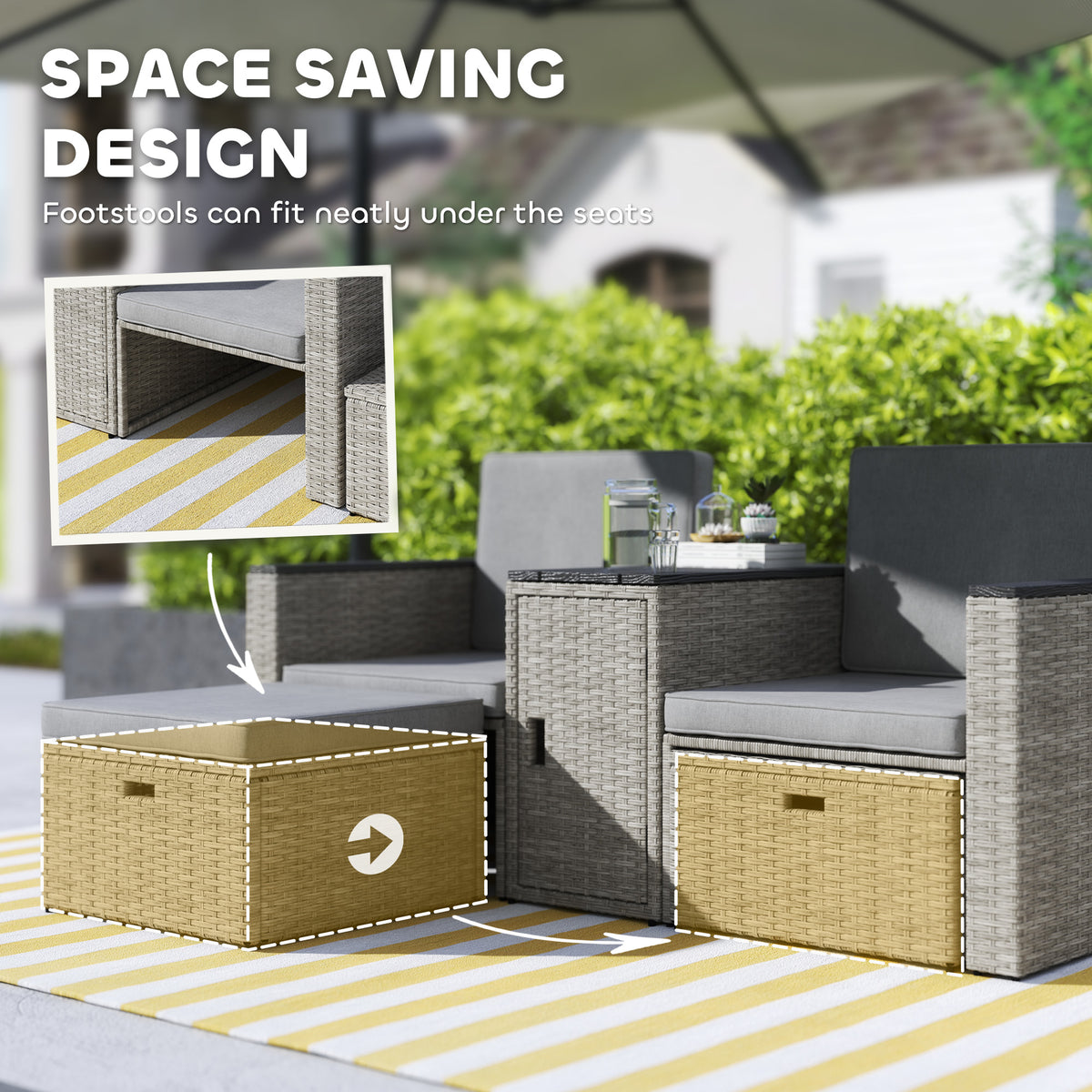 Outsunny 5-Piece Rattan Garden Set with Storage Table, Footstools & Padded Cushions – Patio, Grey