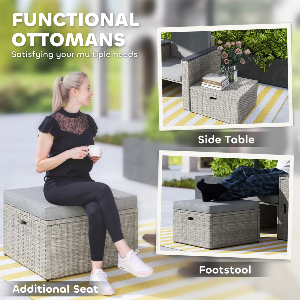 Outsunny 5-Piece Rattan Garden Set with Storage Table, Footstools & Padded Cushions – Patio, Grey