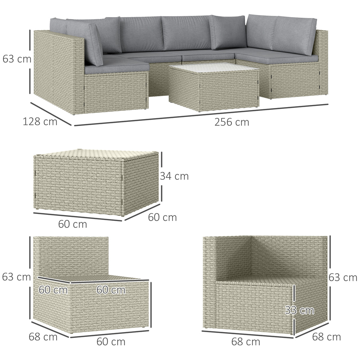 Outsunny 7-Piece Modular Rattan Garden Furniture Set with Cushions & Tempered Glass Table – Patio Set