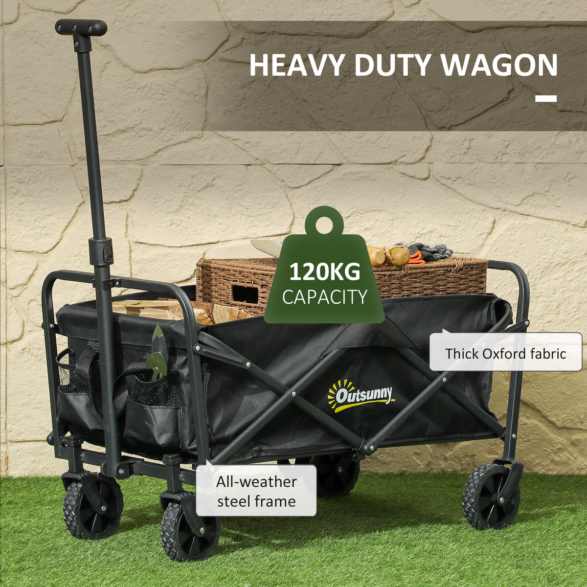Outsunny 62L Folding Festival Trolley, 120kg Heavy Duty Cart with Oxford Fabric Bag & Telescopic Handle, Black