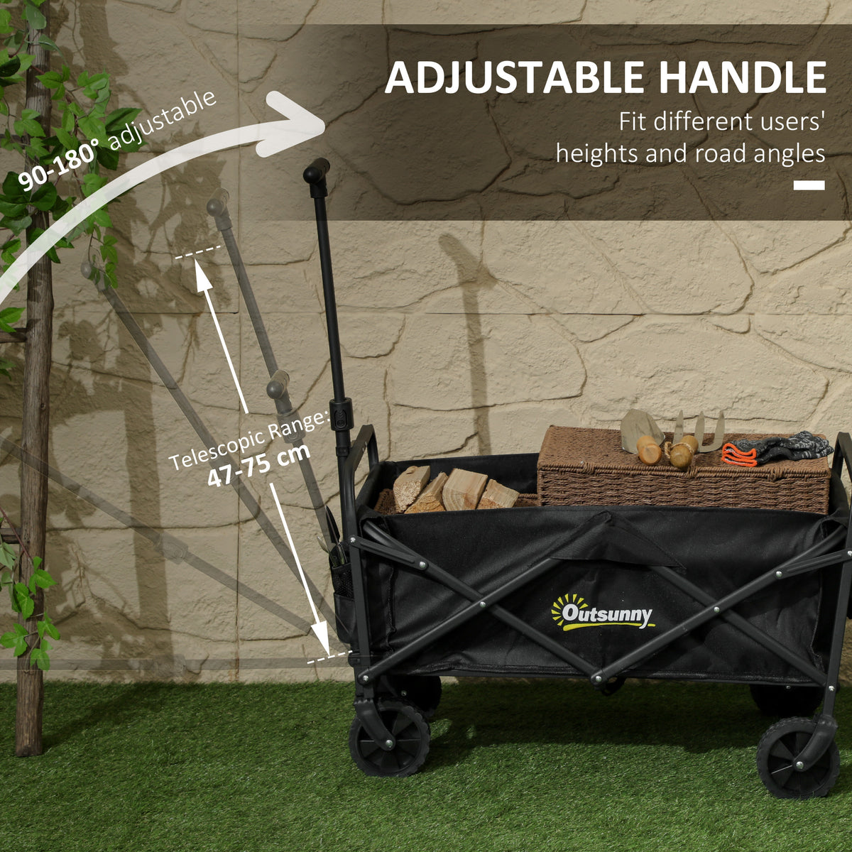 Outsunny 62L Folding Festival Trolley, 120kg Heavy Duty Cart with Oxford Fabric Bag & Telescopic Handle, Black