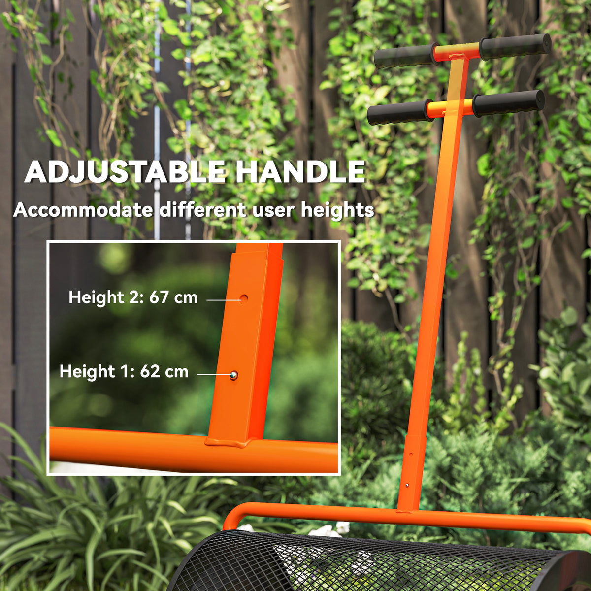 Outsunny 24-Inch Garden Compost Spreader with Height-Adjustable Handle and Mesh Door – Lawn Spreader, Orange