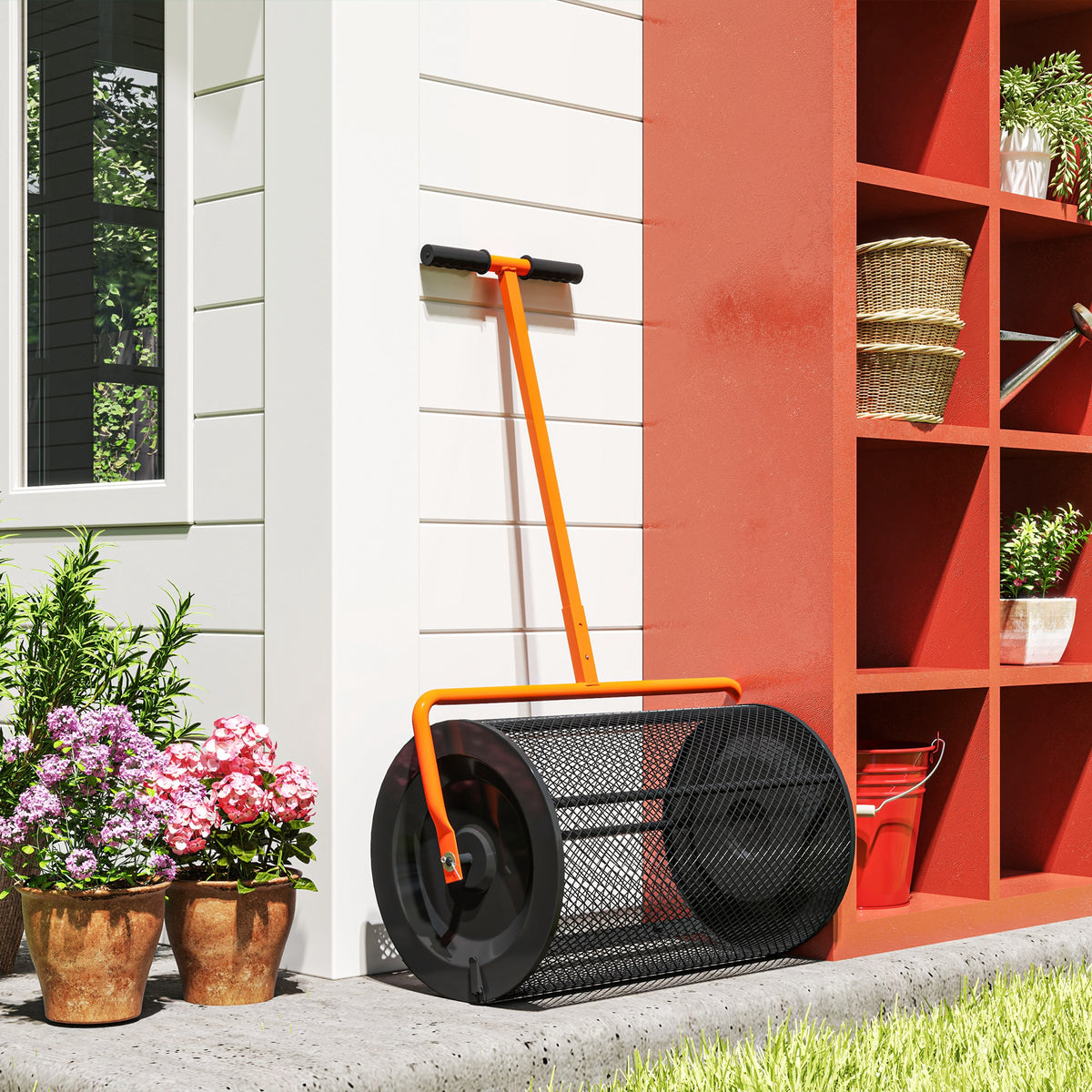 Outsunny 24-Inch Garden Compost Spreader with Height-Adjustable Handle and Mesh Door – Lawn Spreader, Orange
