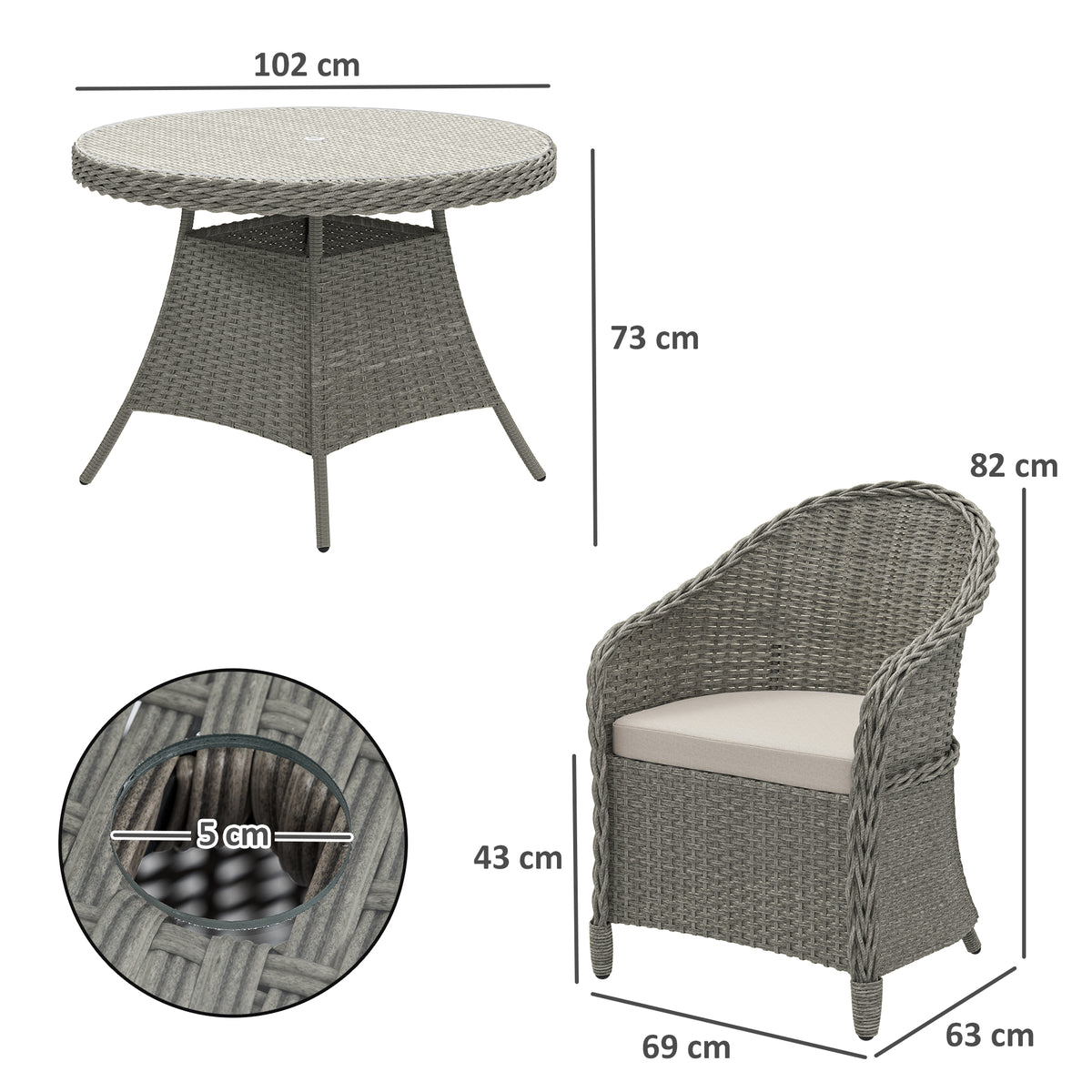 Outsunny 5-Piece Rattan Dining Set for 4 with Cushions and Umbrella Hole – Garden Furniture with Glass Table, Grey