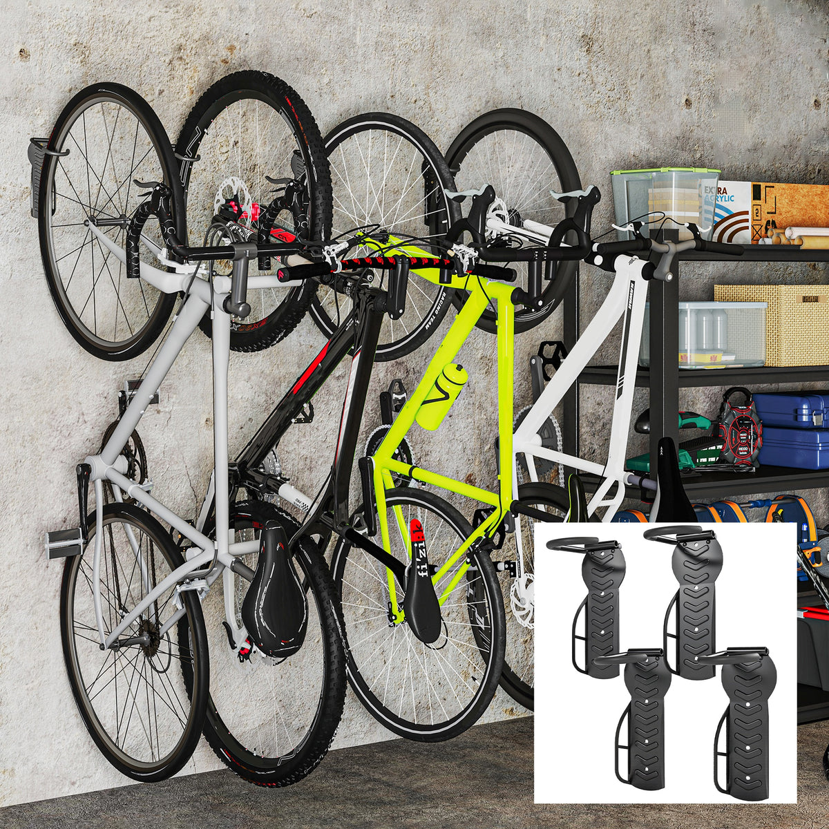 SPORTNOW Wall Mounted Bike Rack, 4 Pack Folding Bike Hooks – Garage & Shed Bicycle Storage, Black