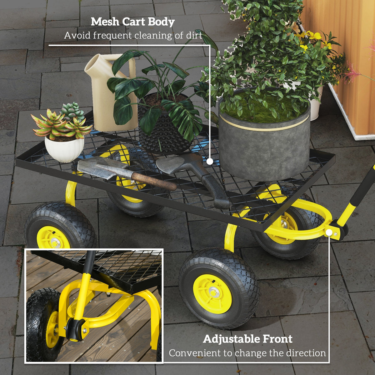 Outsunny Garden Trolley Cart with Pneumatic Wheels & Rotating Handle – 150kg Heavy Load Transport, Yellow