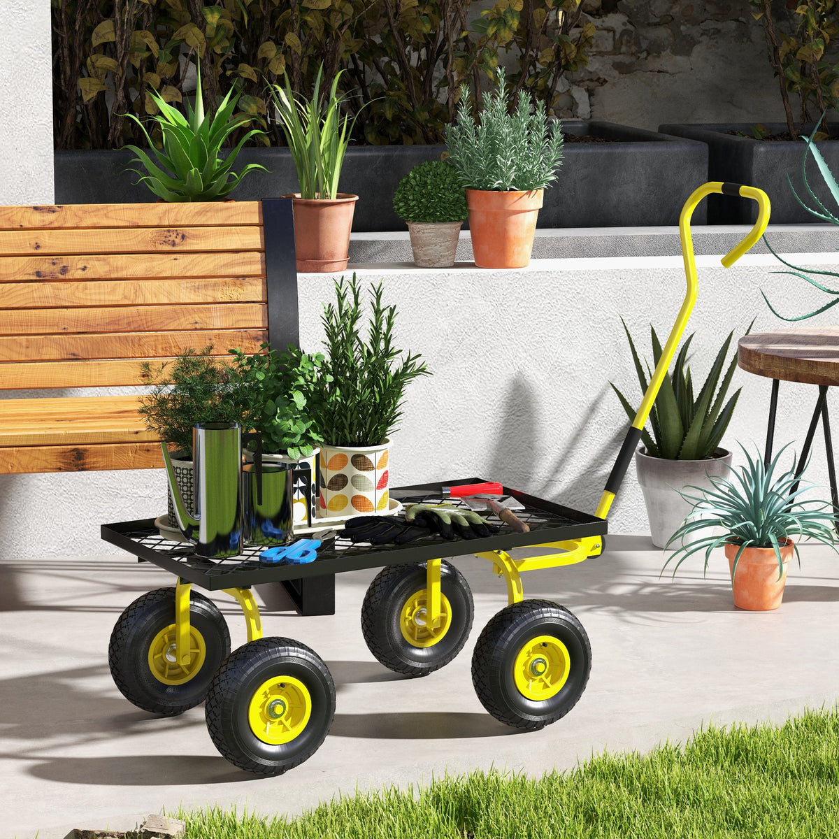 Outsunny Garden Trolley Cart with Pneumatic Wheels & Rotating Handle – 150kg Heavy Load Transport, Yellow