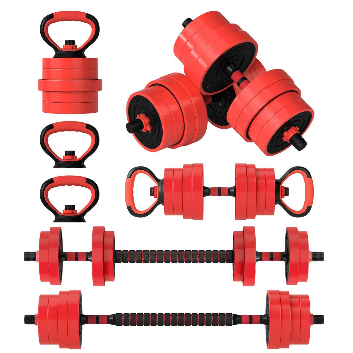 SPORTNOW 30kg 4-in-1 Adjustable Dumbbell Set with Barbell, Kettlebell & Push Up Stands – Home Gym Weights, Red