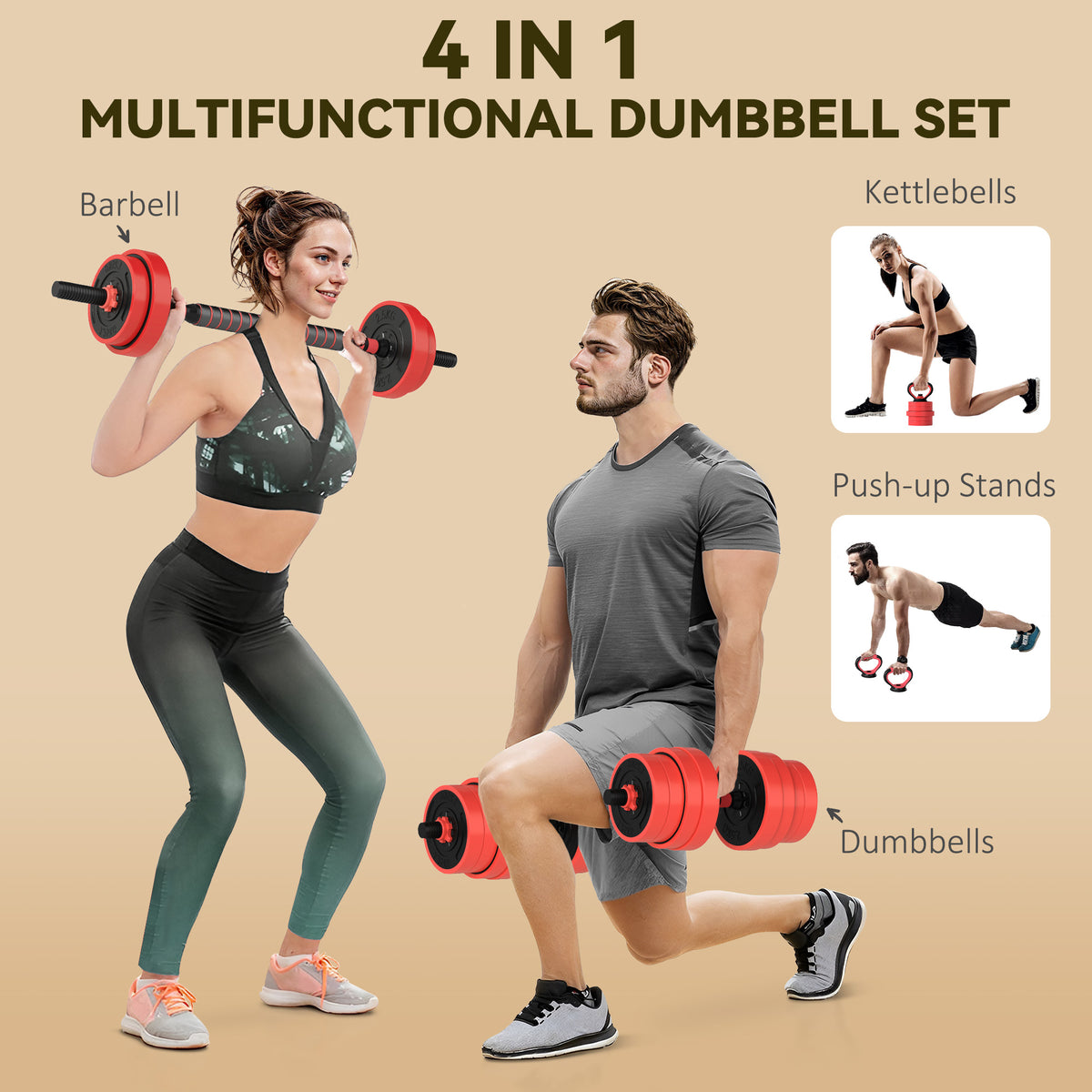 SPORTNOW 30kg 4-in-1 Adjustable Dumbbell Set with Barbell, Kettlebell & Push Up Stands – Home Gym Weights, Red