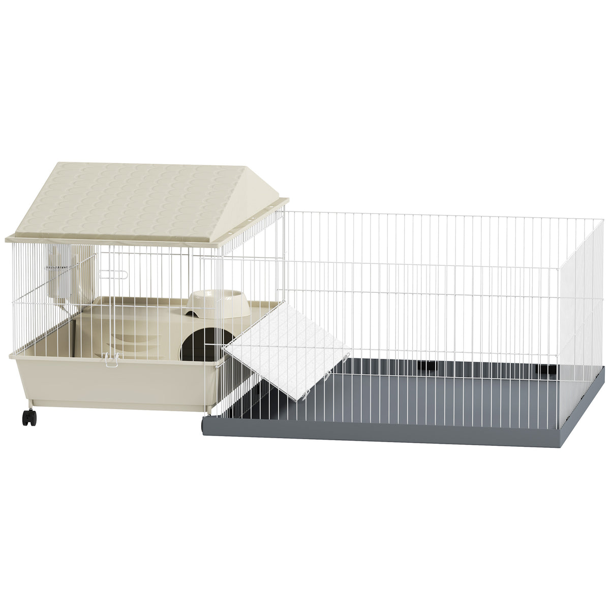 PawHut Guinea Pig Cage with Removable Playpen, Hay Feeder & Water Bottle – Small Animal Cage, Beige