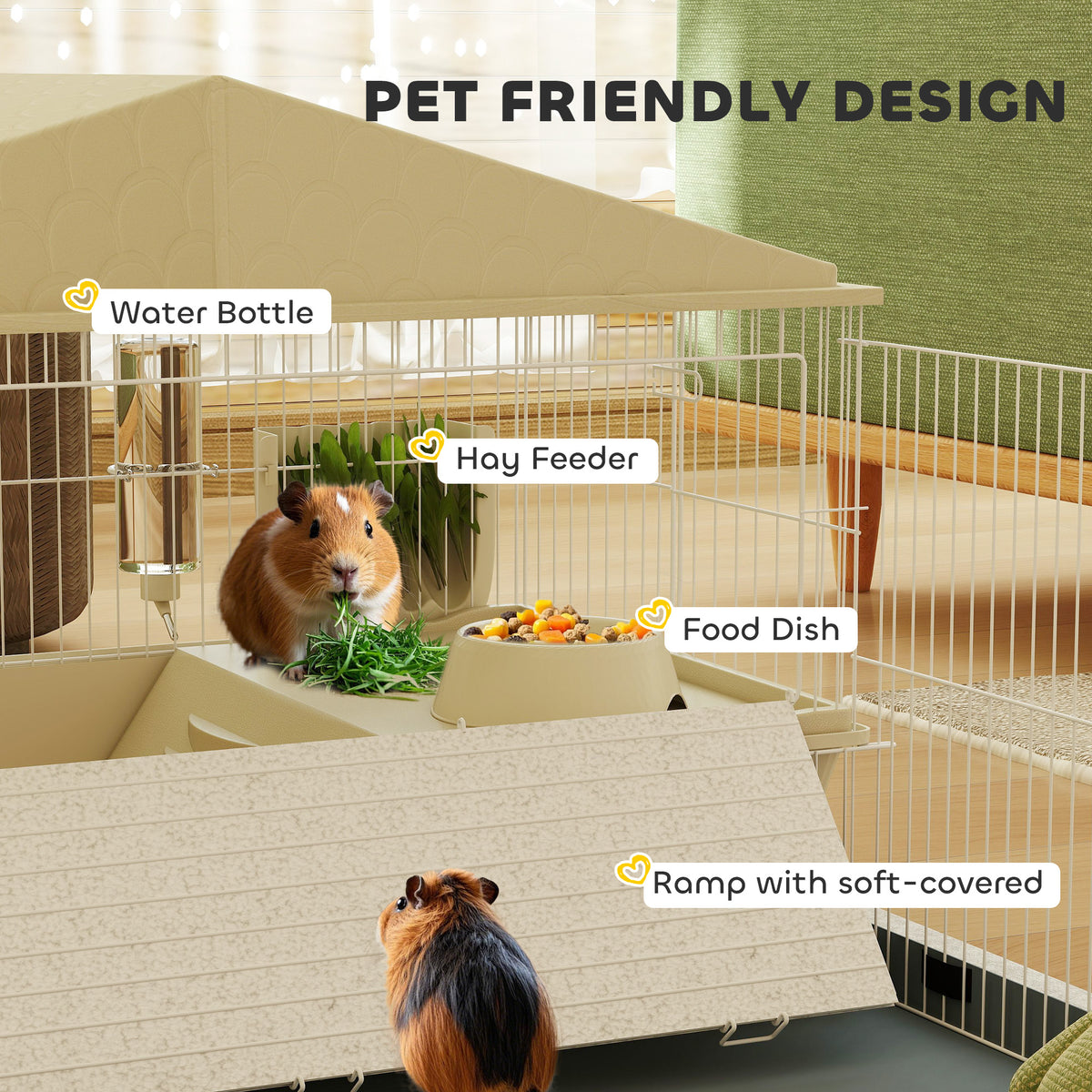 PawHut Guinea Pig Cage with Removable Playpen, Hay Feeder & Water Bottle – Small Animal Cage, Beige