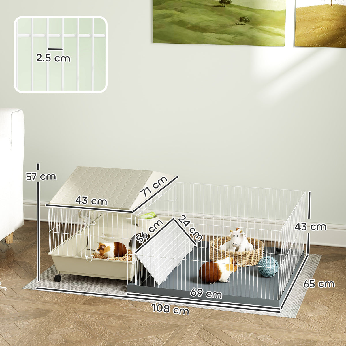 PawHut Guinea Pig Cage with Removable Playpen, Hay Feeder & Water Bottle – Small Animal Cage, Beige