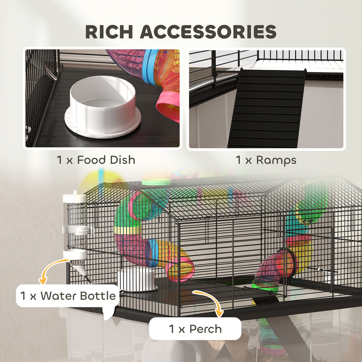 PawHut Hamster Cage with Deep Tray, Tube System, Perches & Ramps – Two-Tier Cage for Dwarf Hamsters