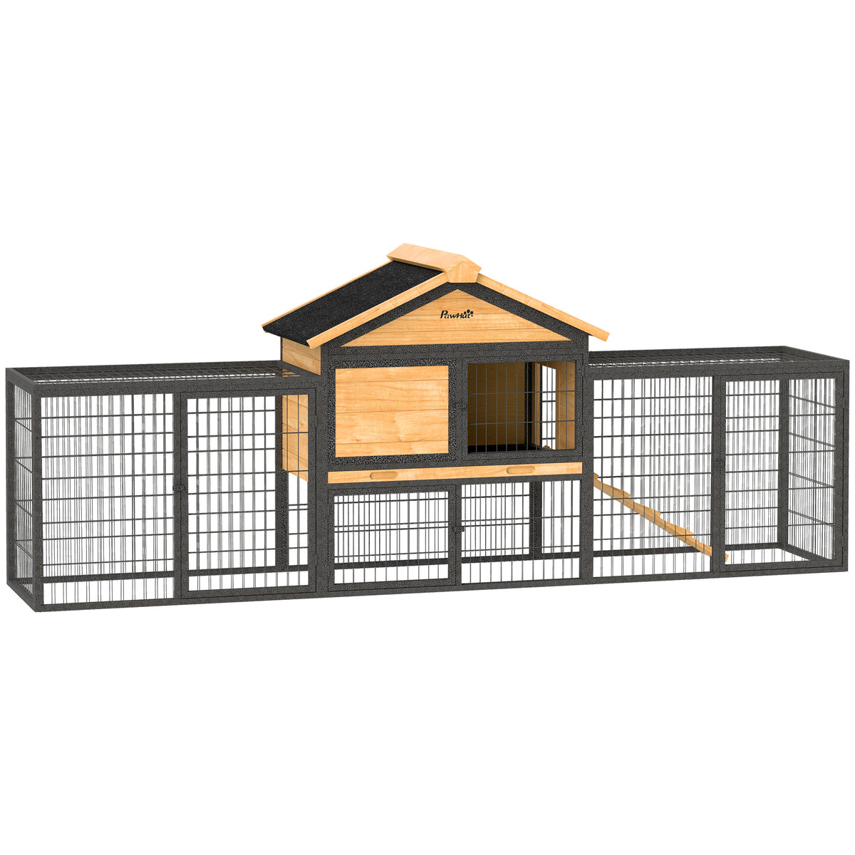 PawHut Outdoor Rabbit Hutch with Steel Run, Asphalt Roof & Removable Tray – Fir Wood, 2–3 Animals