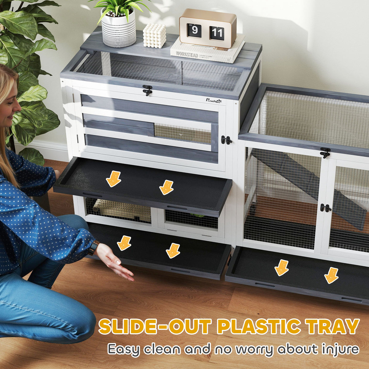 PawHut 2 Tier Rabbit Hutch with Run, Wheels, Openable Tops and 3 Plastic Trays – Small Animal House, Grey