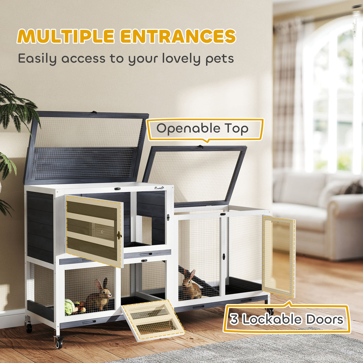 PawHut 2 Tier Rabbit Hutch with Run, Wheels, Openable Tops and 3 Plastic Trays – Small Animal House, Grey