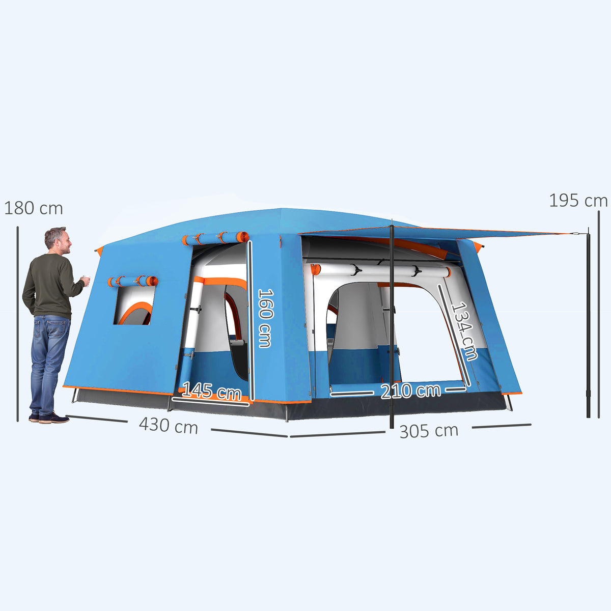 Outsunny 4-6 Man Camping Tent with 2 Bedrooms, Living Area & Porch – 3000mm Waterproof Family Tent, Blue