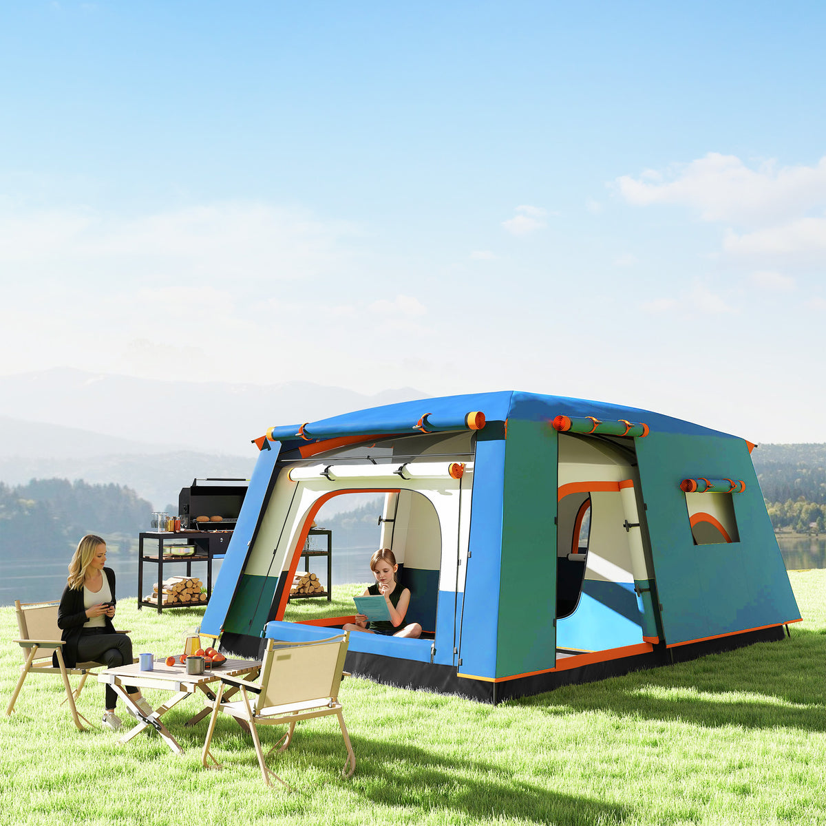 Outsunny 4-6 Man Camping Tent with 2 Bedrooms, Living Area & Porch – 3000mm Waterproof Family Tent, Blue